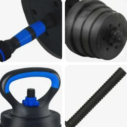 vidaXL 4-in-1 Dumbbell Barbell Kettlebell Set 30 kg Zwart en Blauw