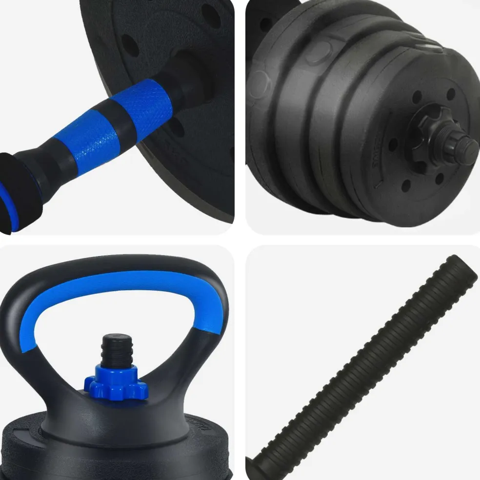 vidaXL 4-in-1 Dumbbell Barbell Kettlebell Set 30 kg Zwart en Blauw