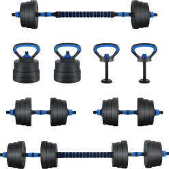 vidaXL 4-in-1 Dumbbell Barbell Kettlebell Set 20 kg Zwart en Blauw