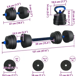 vidaXL 4-in-1 Dumbbell Barbell Kettlebell Set 20 kg Zwart en Blauw