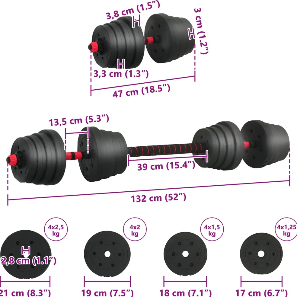 vidaXL 2-in-1 Halter-Barbell Set 30 kg Zwart en Rood