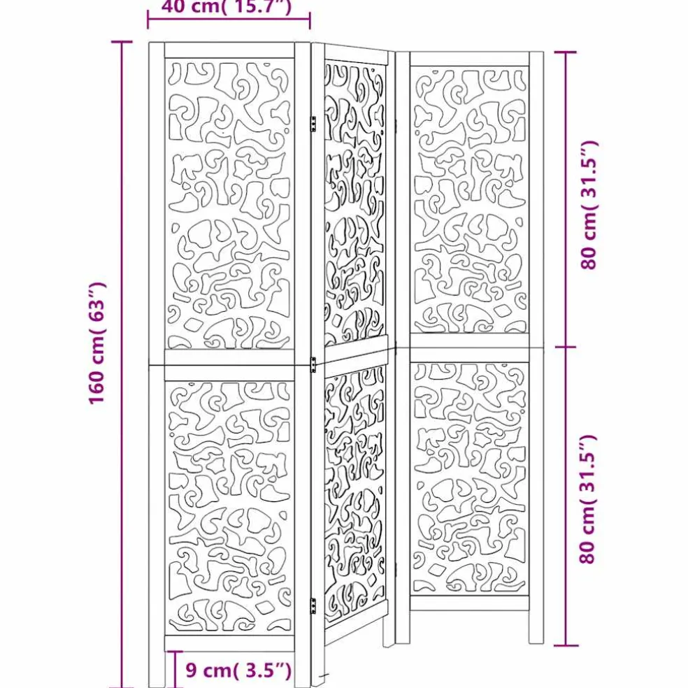vidaXL Kamerscherm met 3 panelen massief paulowniahout zwart