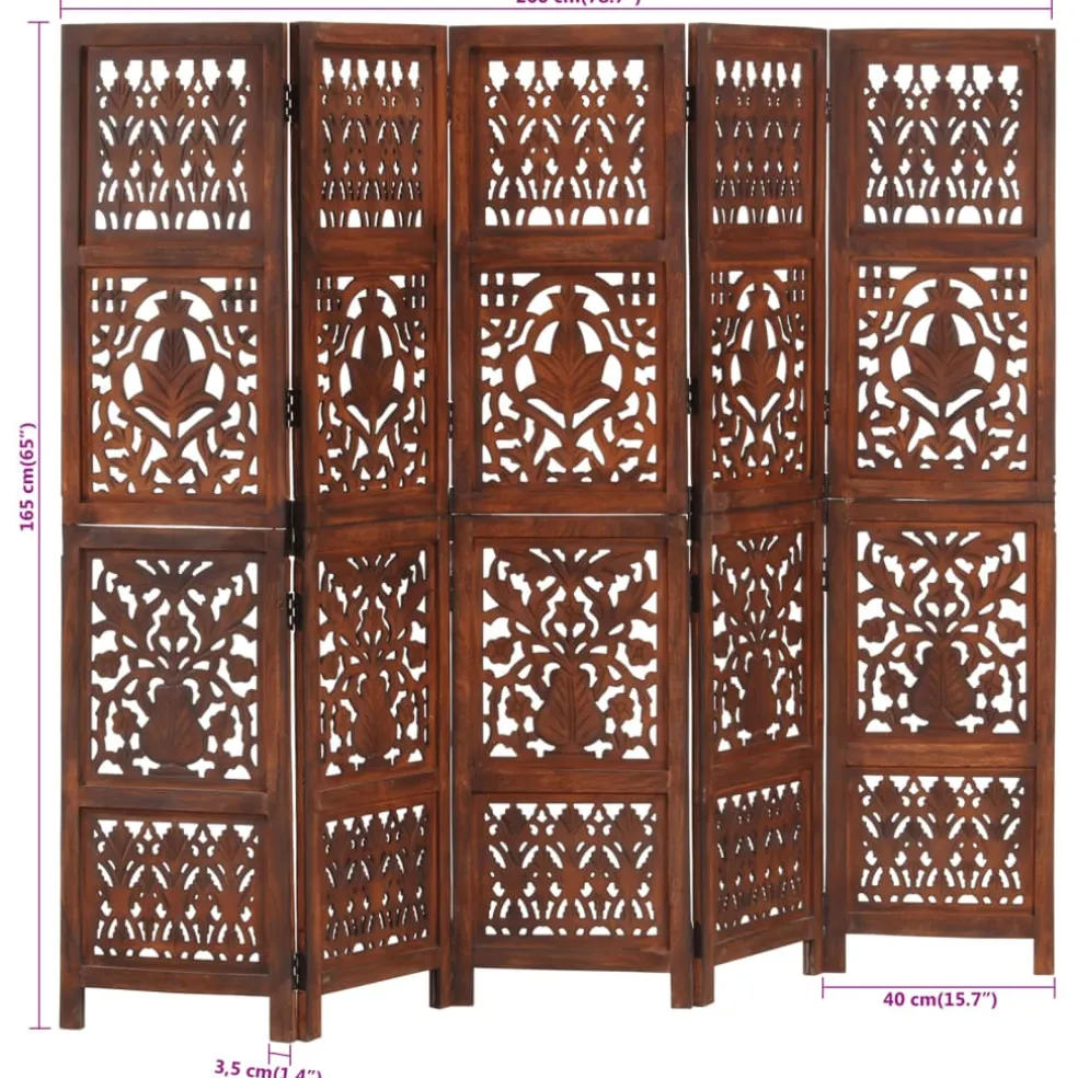 vidaXL Kamerscherm 5 panelen handgesneden 200x165 cm mangohout bruin