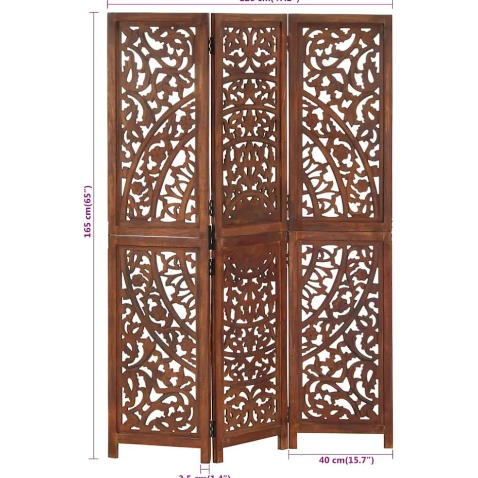 vidaXL Kamerscherm 3 panelen handgesneden 120x165 cm mangohout bruin