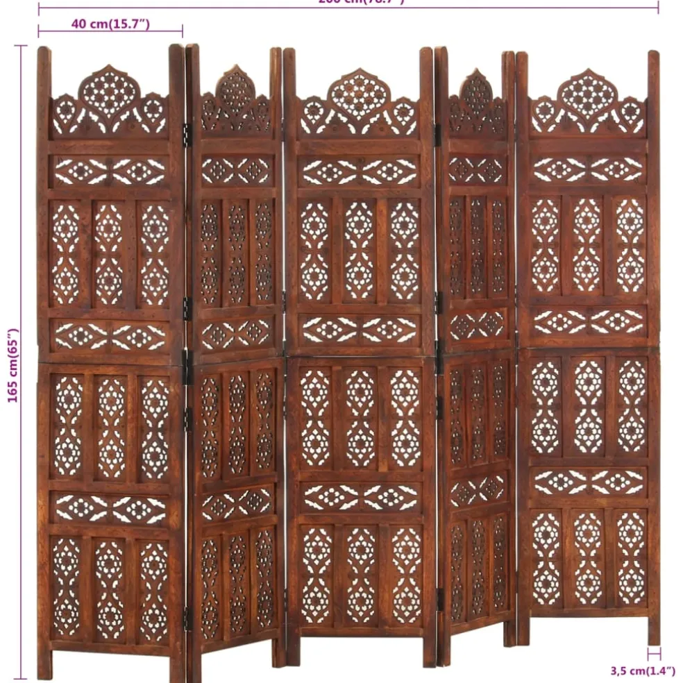 vidaXL Kamerscherm 5 panelen handgesneden 200x165 cm mangohout bruin