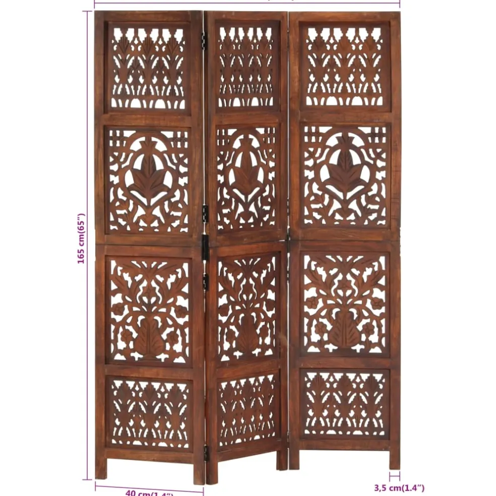 vidaXL Kamerscherm 3 panelen handgesneden 120x165 cm mangohout bruin