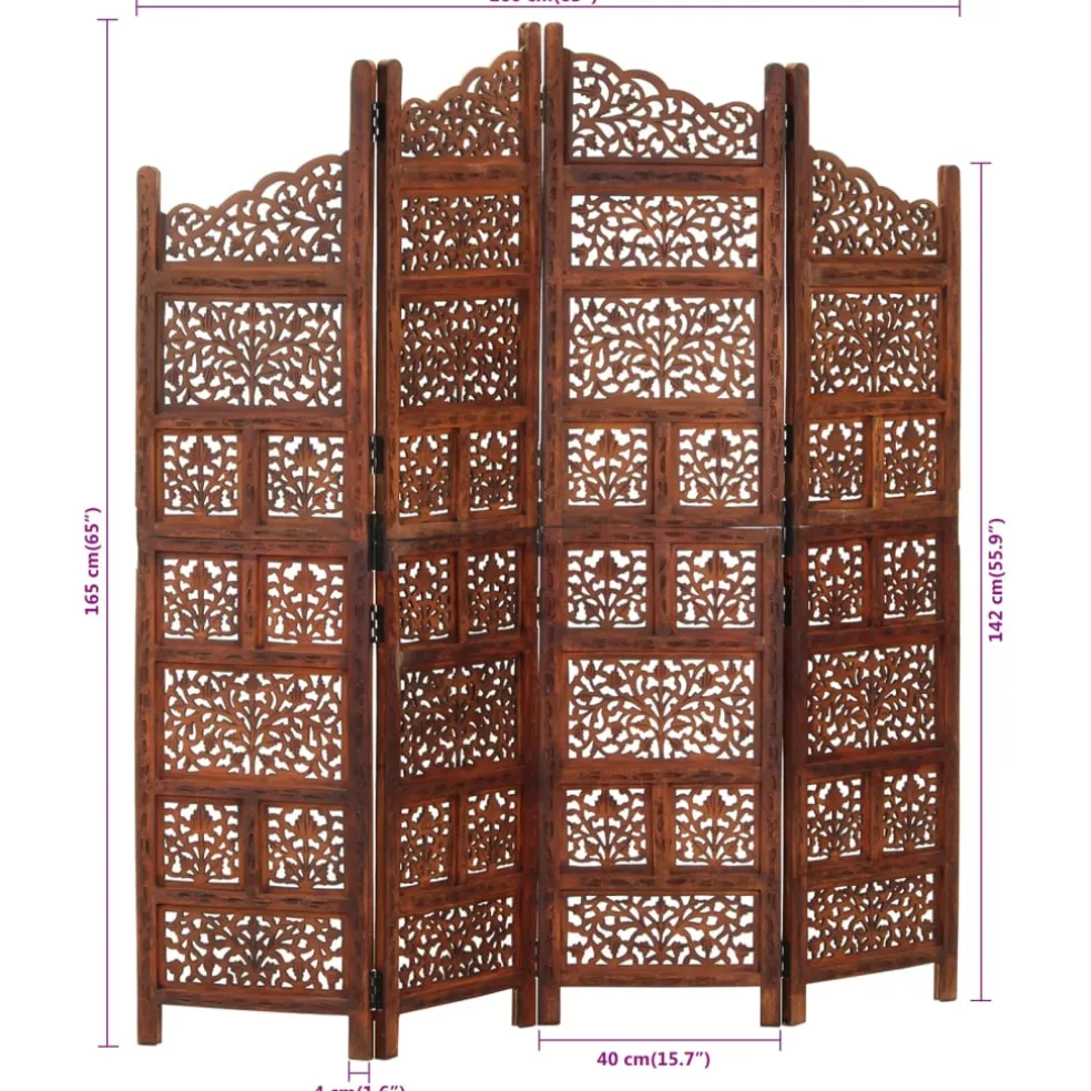 vidaXL Kamerscherm 4 panelen handgesneden 160x165 cm mangohout bruin