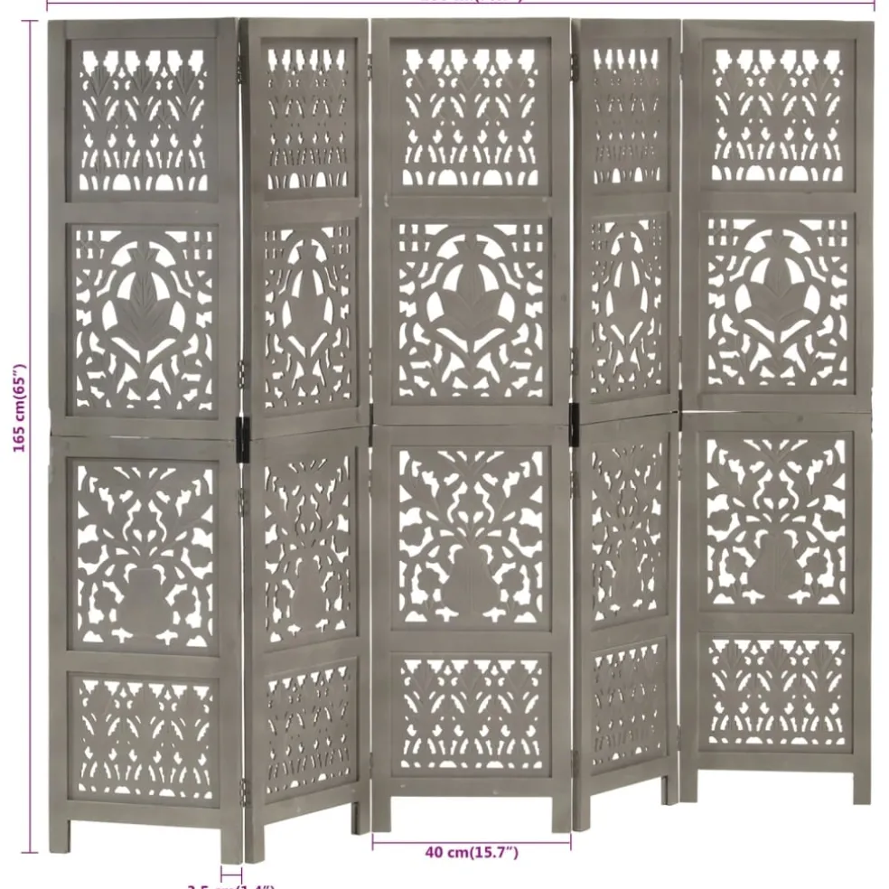 vidaXL Kamerscherm 5 panelen handgesneden 200x165 cm mangohout grijs