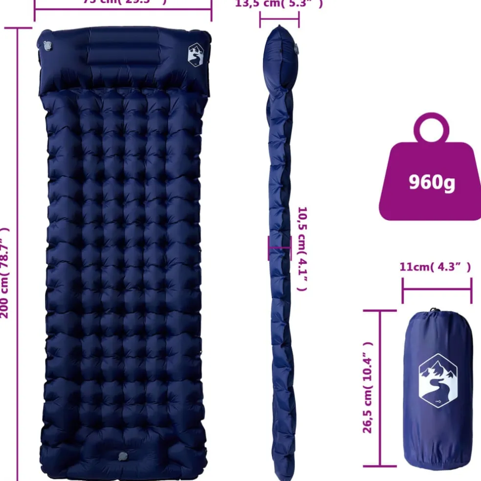 vidaXL Kampeermatras met kussen zelfopblazend 1-persoons marineblauw