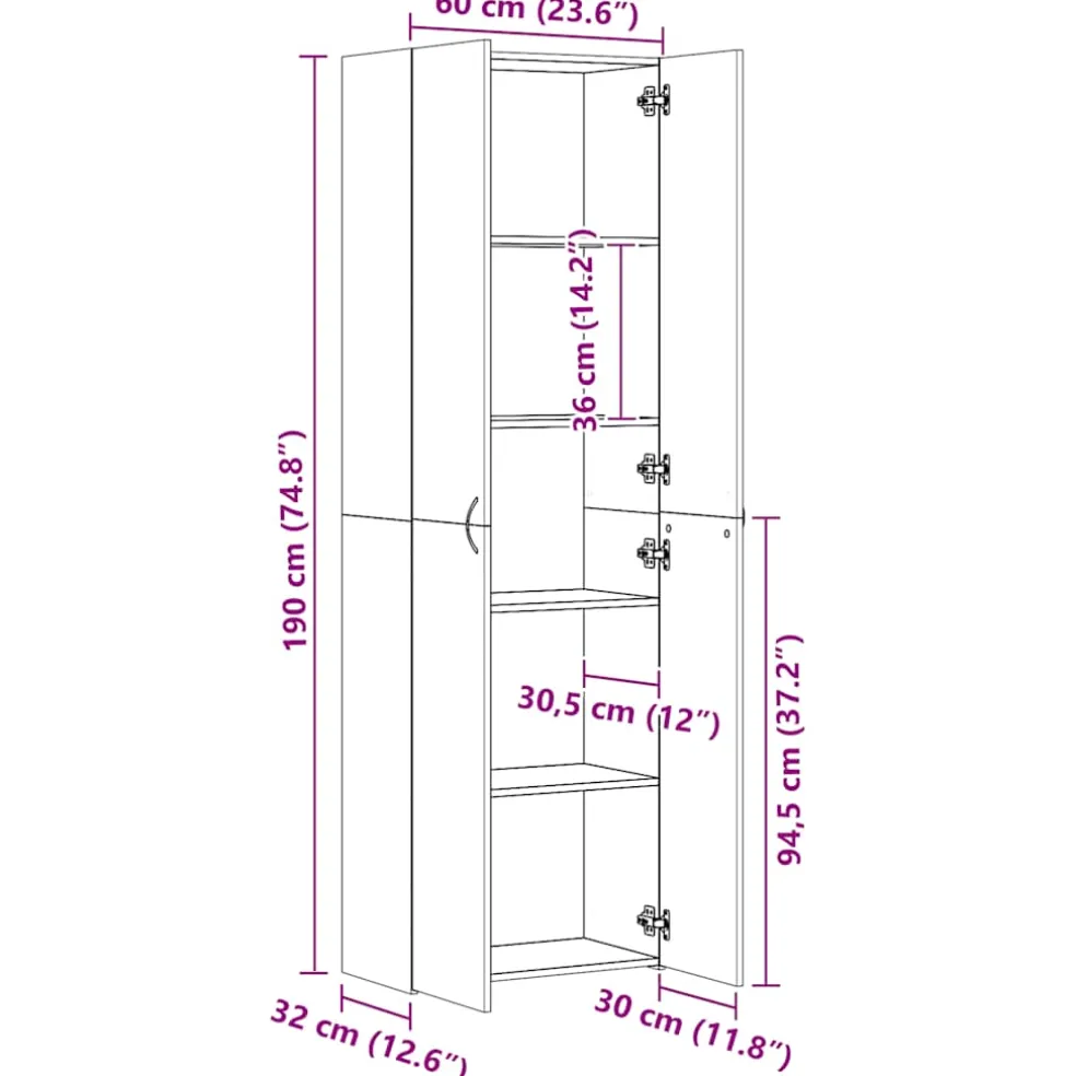 vidaXL Kantoorkast 60x32x190 cm bewerkt hout gerookt eikenkleurig