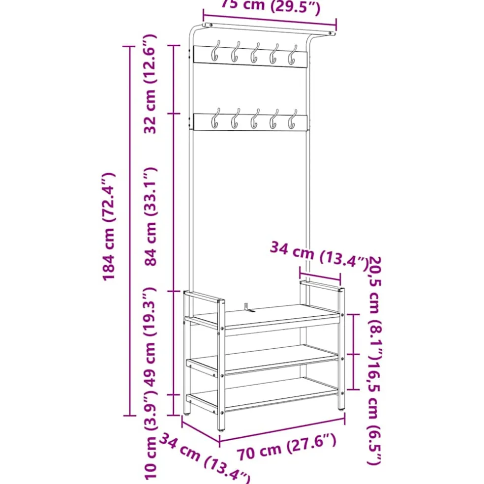vidaXL Kapstok Artisanaal eiken 75 x 34 x 184 cm Bewerkt hout
