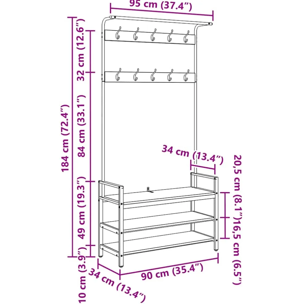 vidaXL Kapstok met plank Zwart eiken 95 x 34 x 184 cm Bewerkt hout
