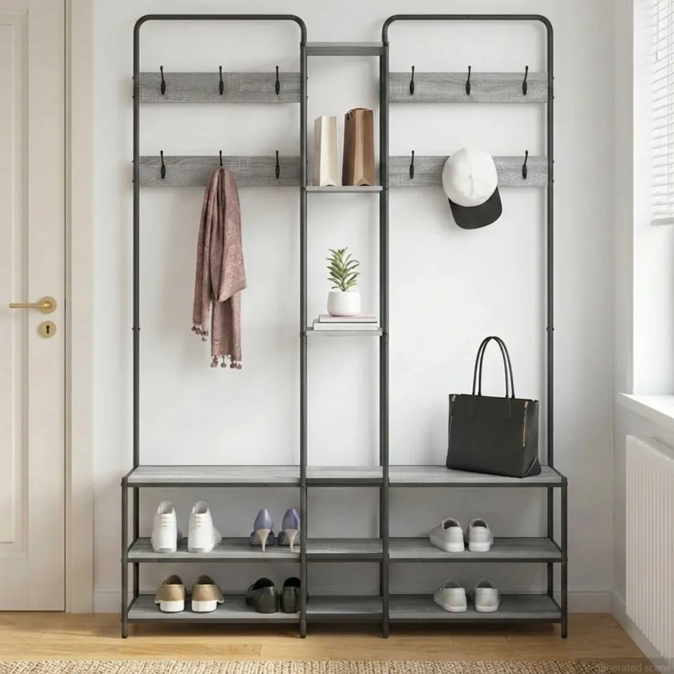 vidaXL Kapstok met schoenenbank Grijs Sonoma 143 x 30 x 199,5 cm