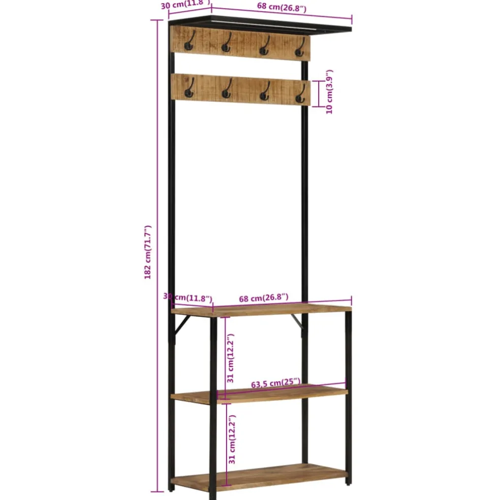 vidaXL Kapstok met schoenenrek 68x30x182 cm massief ruw mangohout