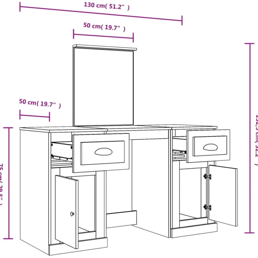 vidaXL Kaptafel met spiegel 130x50x132,5 cm wit