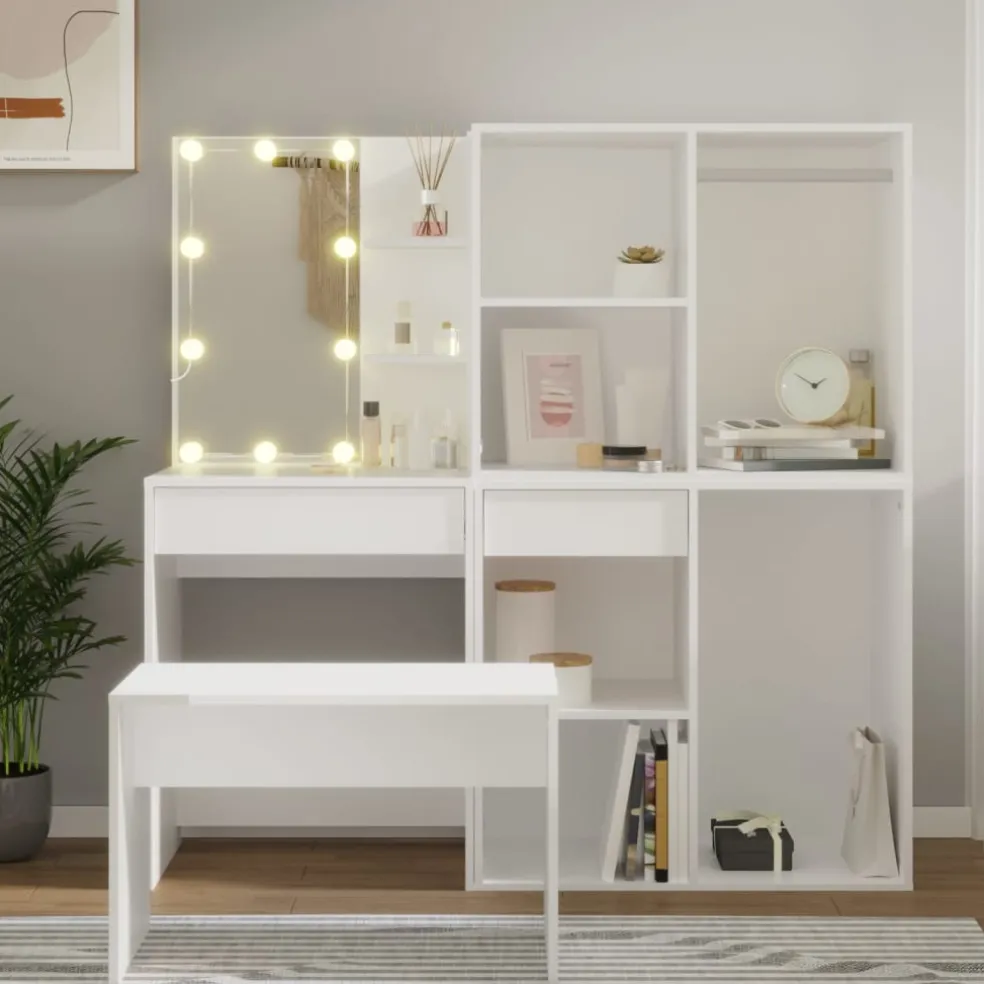 vidaXL Kaptafelset met LED's bewerkt hout wit