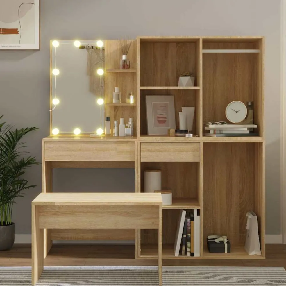 vidaXL Kaptafelset met LED's bewerkt hout sonoma eikenkleurig