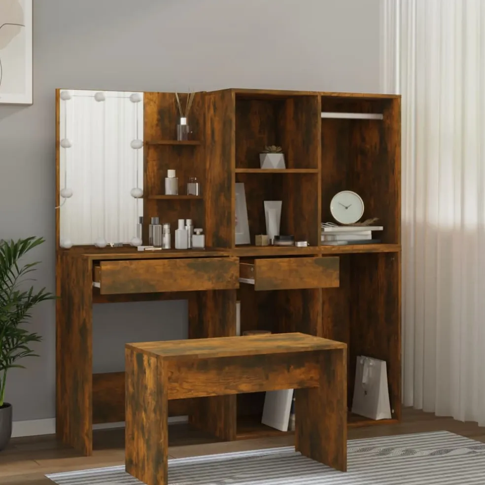vidaXL Kaptafelset met LED's bewerkt hout gerookt eikenkleurig