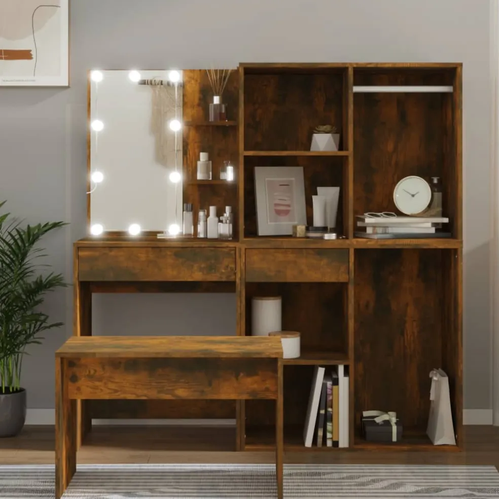 vidaXL Kaptafelset met LED's bewerkt hout gerookt eikenkleurig