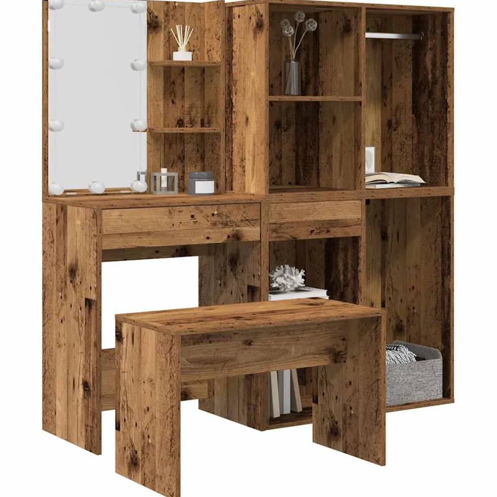 vidaXL Kaptafelset met LED-verlichting bewerkt hout oud houtkleurig