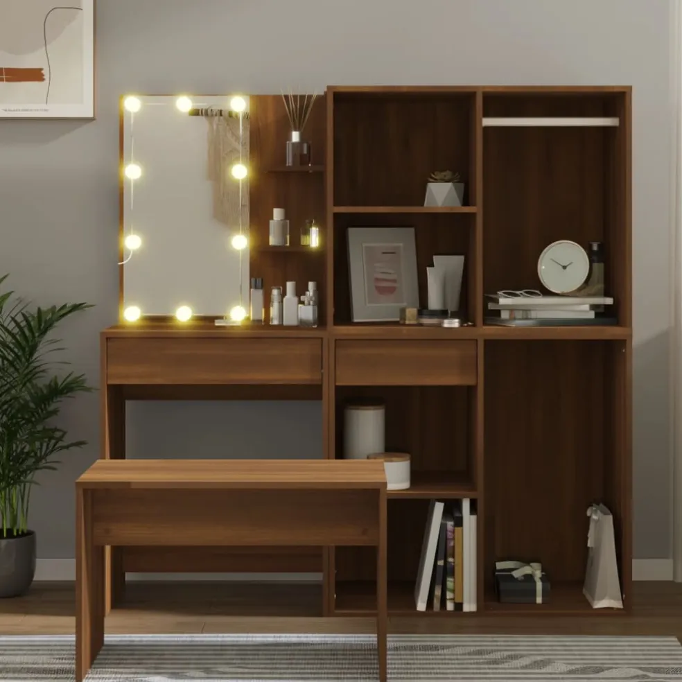 vidaXL Kaptafelset met LED-verlichting bewerkt hout bruin eikenkleur
