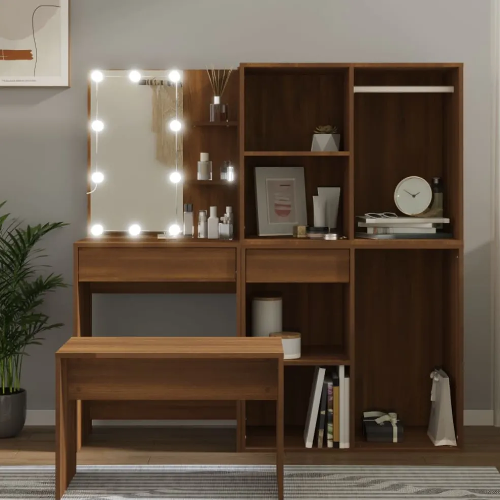 vidaXL Kaptafelset met LED-verlichting bewerkt hout bruin eikenkleur