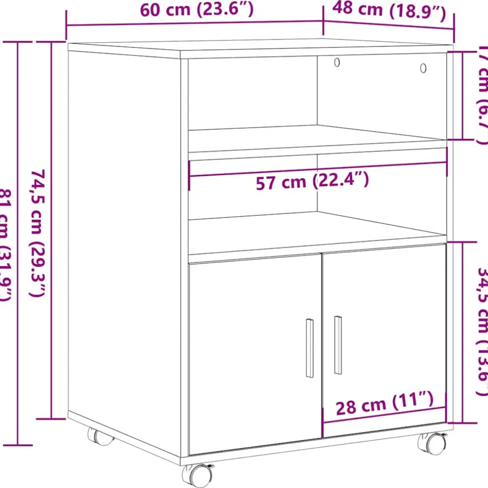 vidaXL Kast Zwart Eiken 60 x 48 x 74.5 cm Met wielen