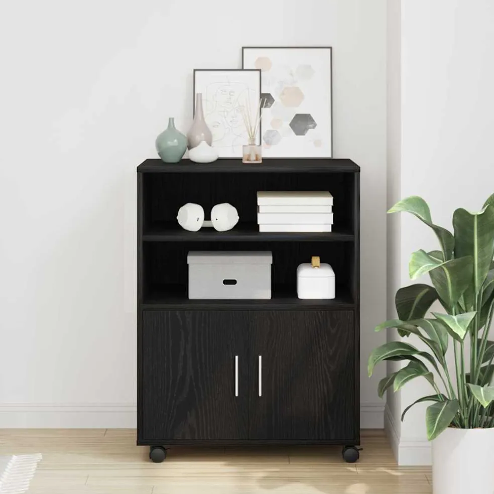 vidaXL Kast Zwart Eiken 60 x 48 x 74.5 cm Met wielen