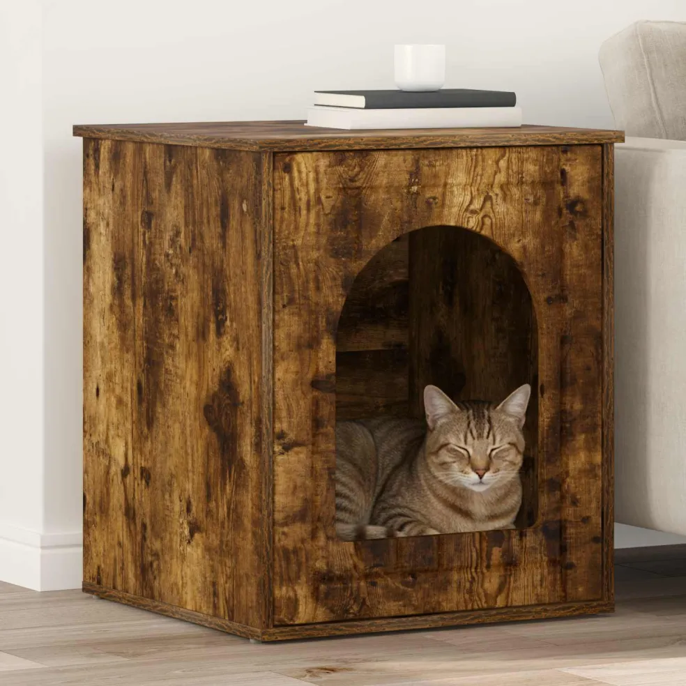 vidaXL Kattenhuis Gerookt eiken 53 x 52 x 62 cm Bewerkt hout
