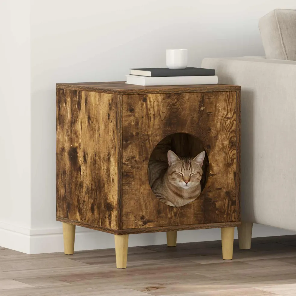 vidaXL Kattenhuis Gerookt eiken 42,5 x 40 x 53 cm Bewerkt hout