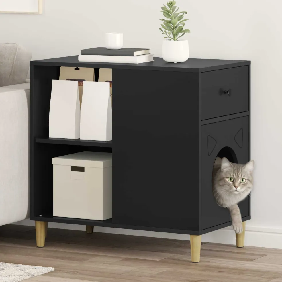 vidaXL Kattenhuis Zwart 72 x 42,5 x 70 cm Bewerkt hout