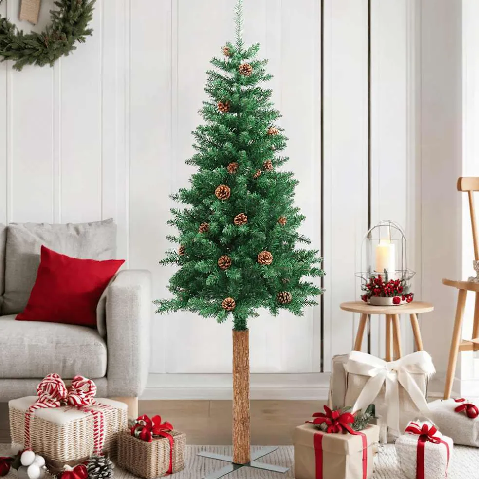 vidaXL Kerstboom met echt hout en dennenappels smal 150 cm PVC groen