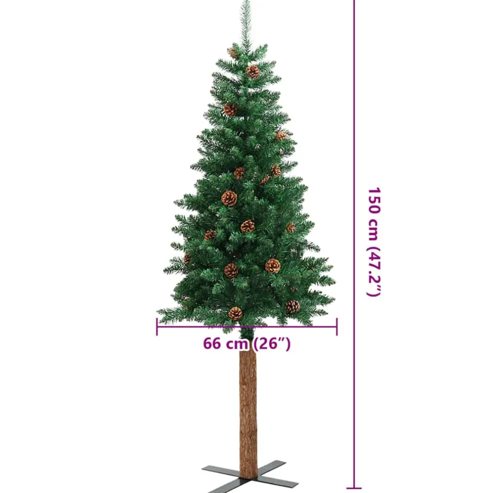 vidaXL Kerstboom met echt hout en dennenappels smal 150 cm PVC groen