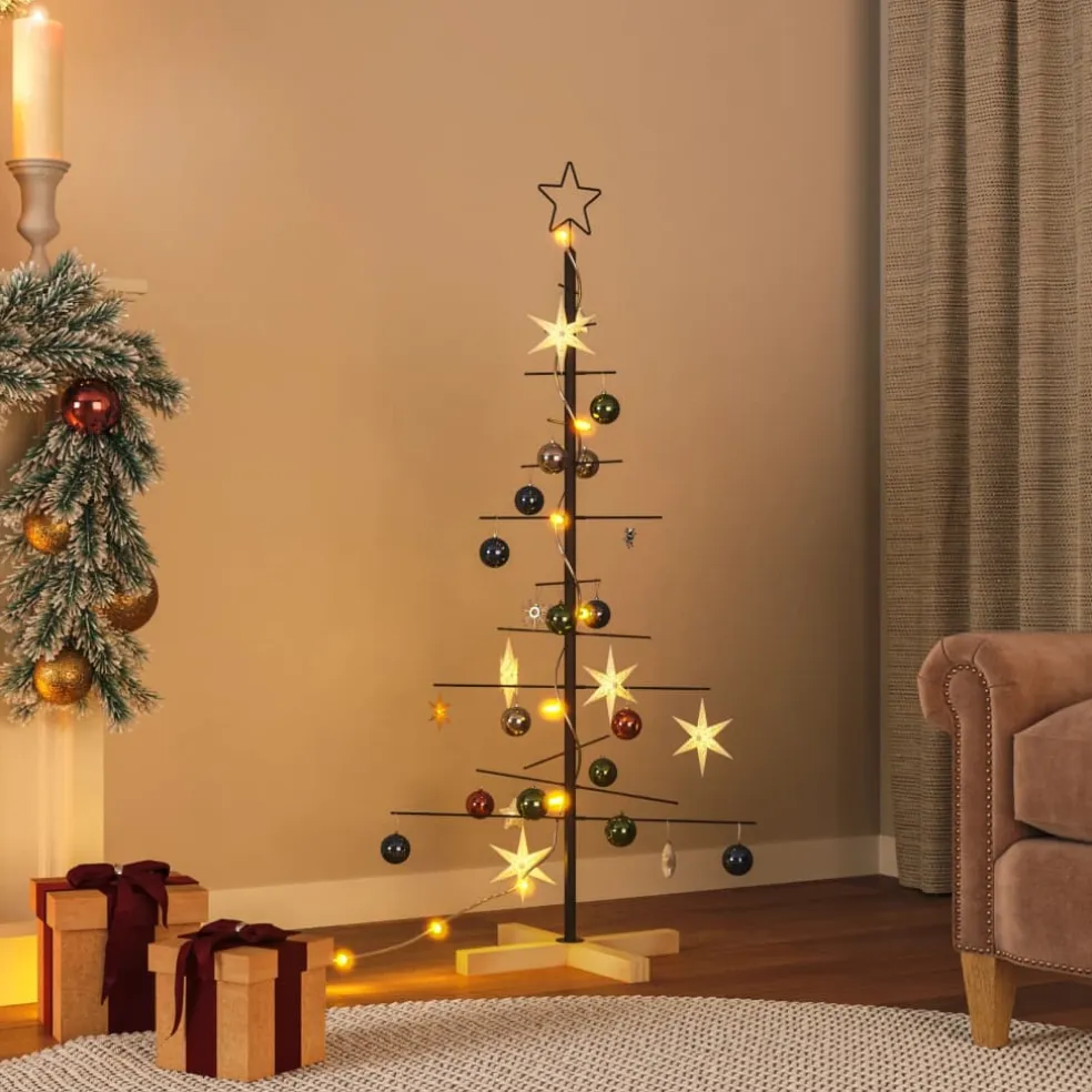 vidaXL Kerstdecoratie kerstboom met houten basis 120 cm metaal zwart