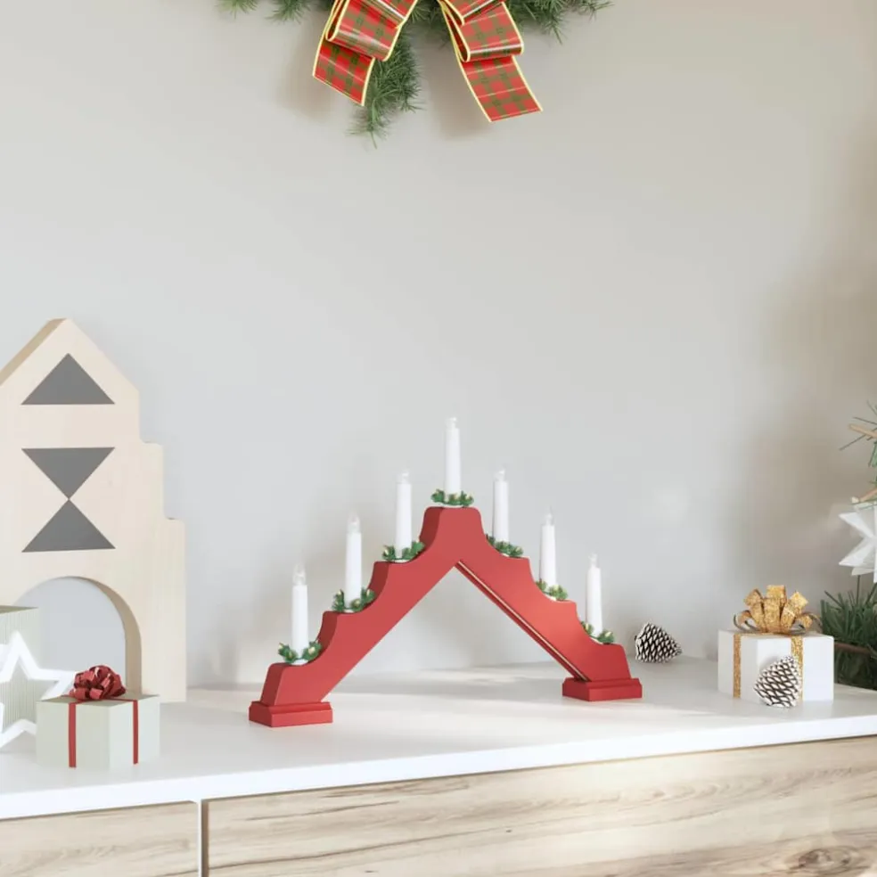 vidaXL Kerst Kaars Brug Rood 39.5 x 5 x 29 cm Massief grenenhout