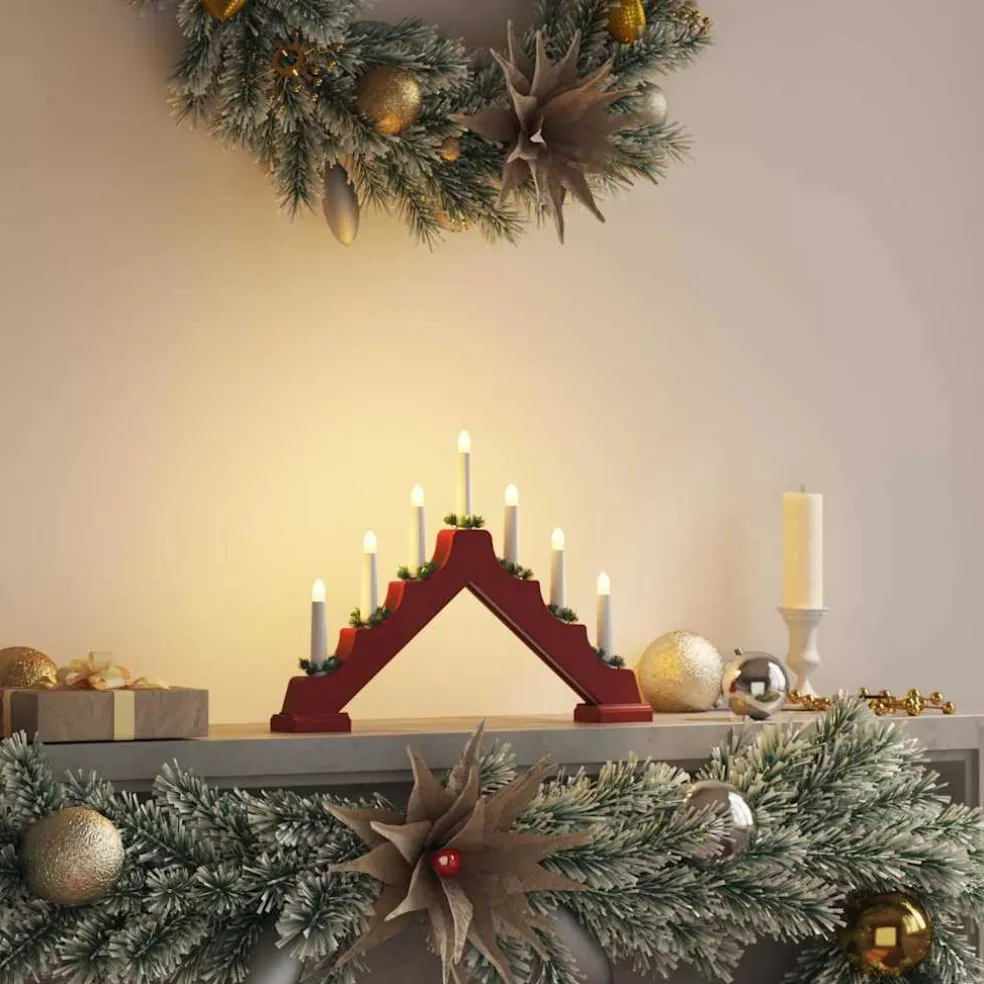 vidaXL Kerst Kaars Brug Rood 39.5 x 5 x 29 cm Massief grenenhout