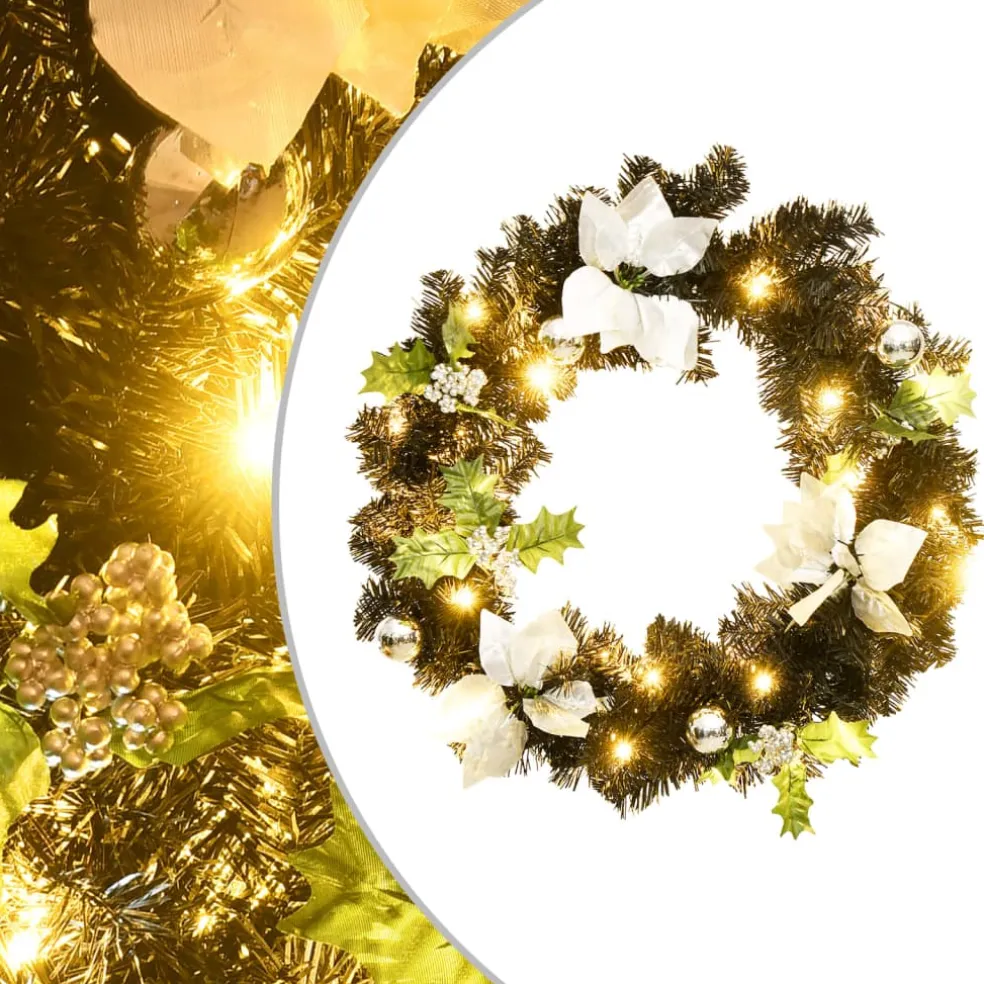 vidaXL Kerstkrans met LED-lampjes 60 cm PVC zwart