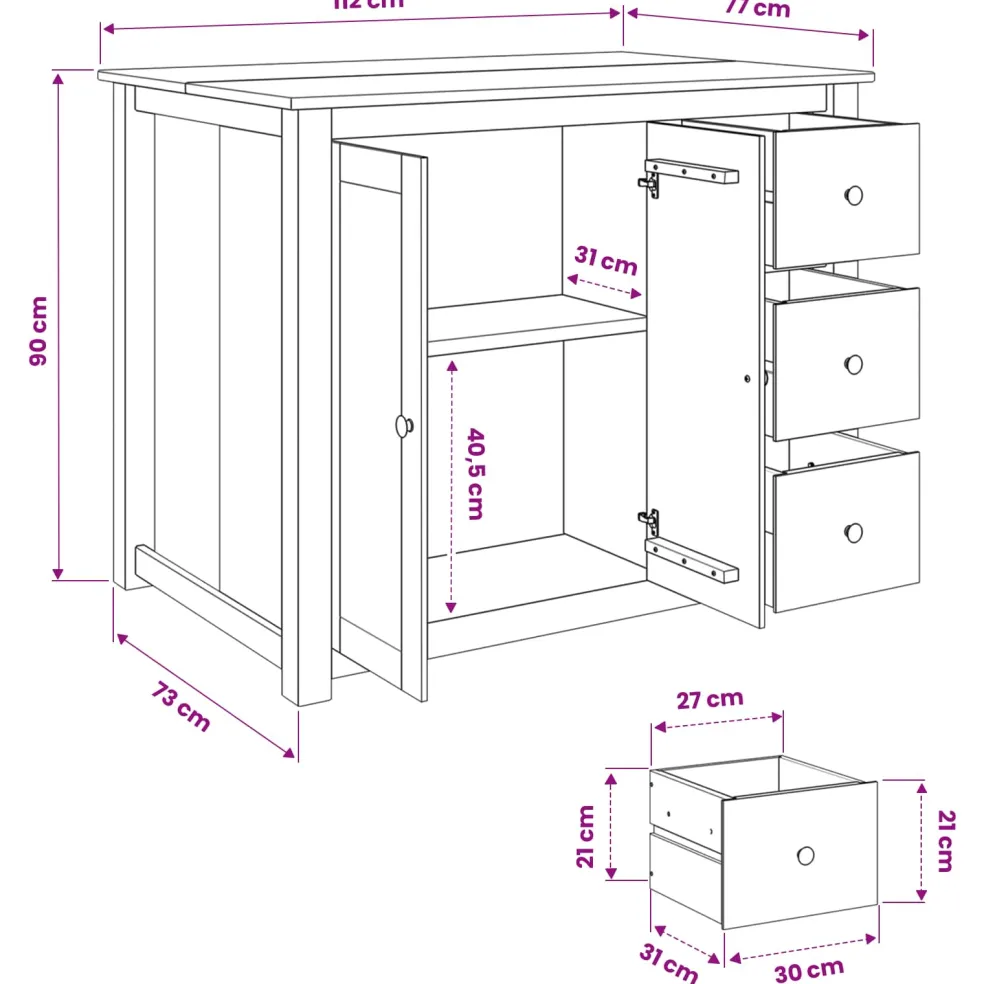 vidaXL Keuken Eiland Set PANAMA Wit en Honing Was 112 x 77 x 90 cm