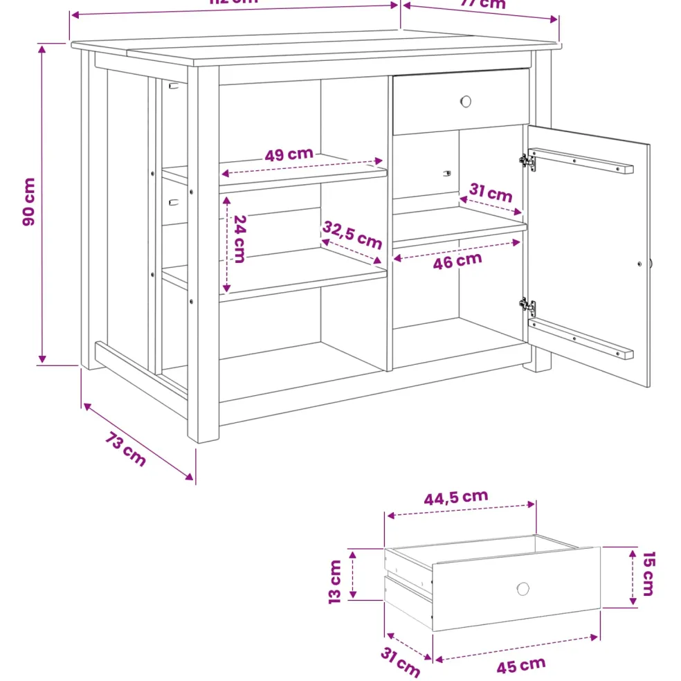 vidaXL Keuken Eiland Set PANAMA Honing Wax 112 x 77 x 90 cm