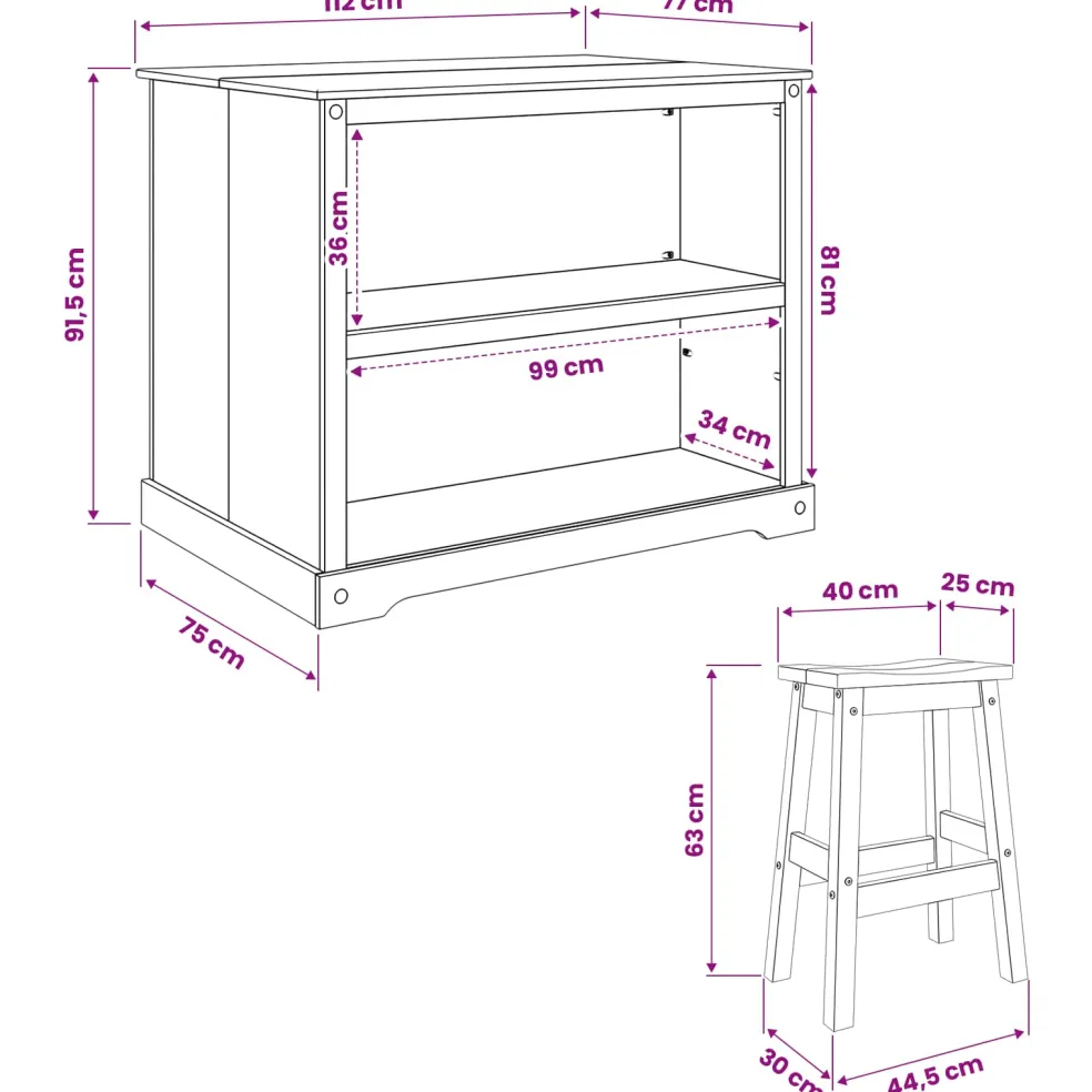 vidaXL Keuken Eiland Set 3 st Honing Wax 112 x 77 x 91,5 cm