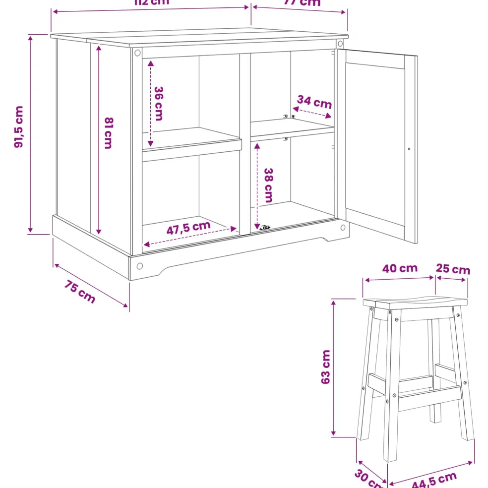 vidaXL Keuken Eiland Set 3 st Honing Wax 112 x 77 x 91,5 cm