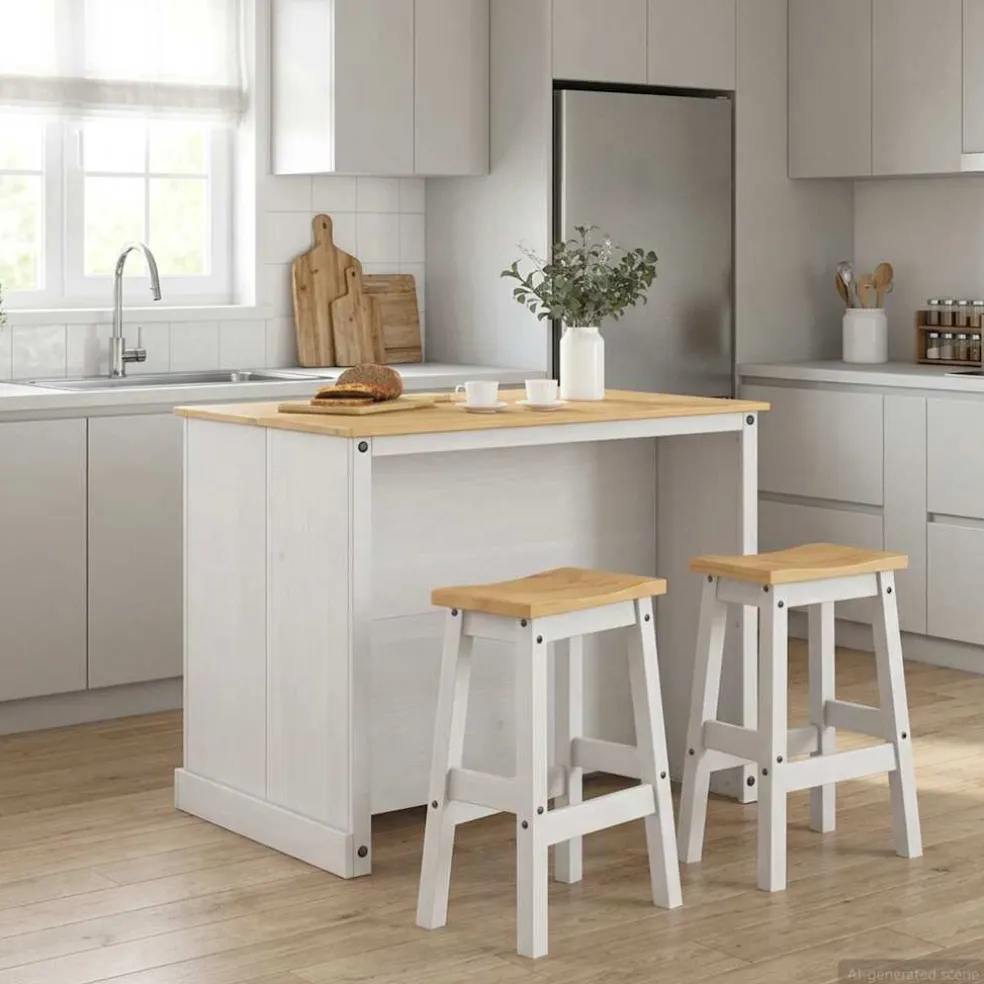vidaXL Keuken Eiland Set 3 st Wit en Honing Was 112 x 77 x 91,5 cm