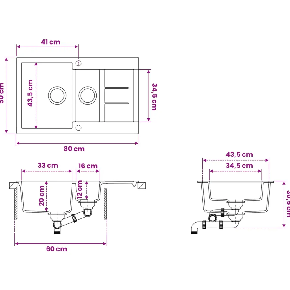 vidaXL Keukenspoelbak met dubbele bak Graniet 80 x 50 x 30.5 cm