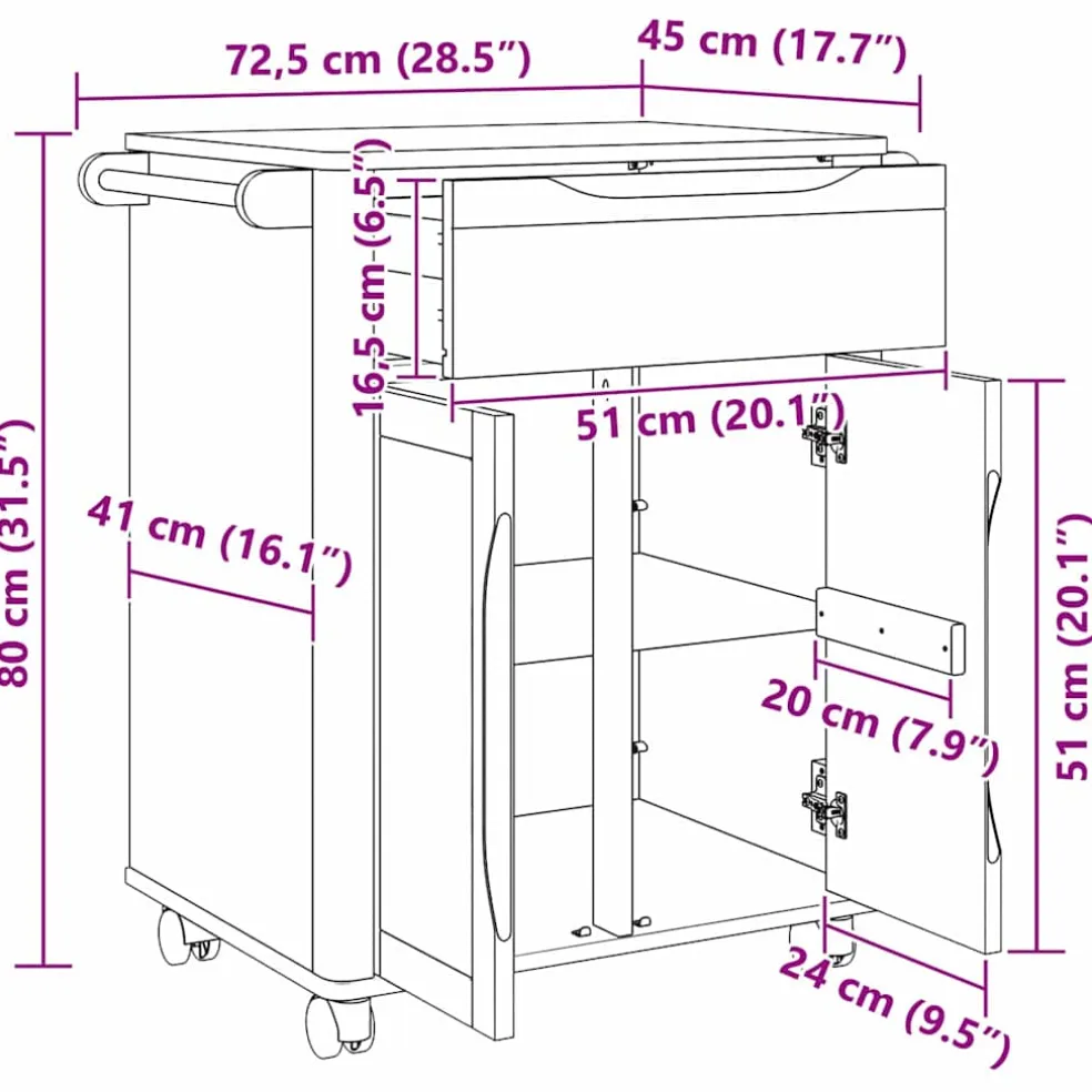 vidaXL Keuken Trolley FLORO Wasbruin 72,5 x 45 x 80 cm