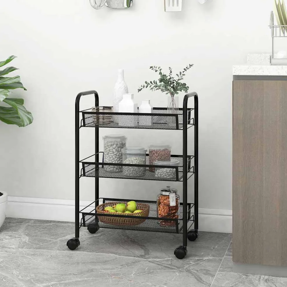 vidaXL Keukentrolley 3-laags 46x26x64 cm ijzer zwart