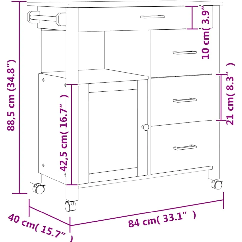 vidaXL Keukentrolley MONZA 84x40x88,5 cm massief grenenhout grijs