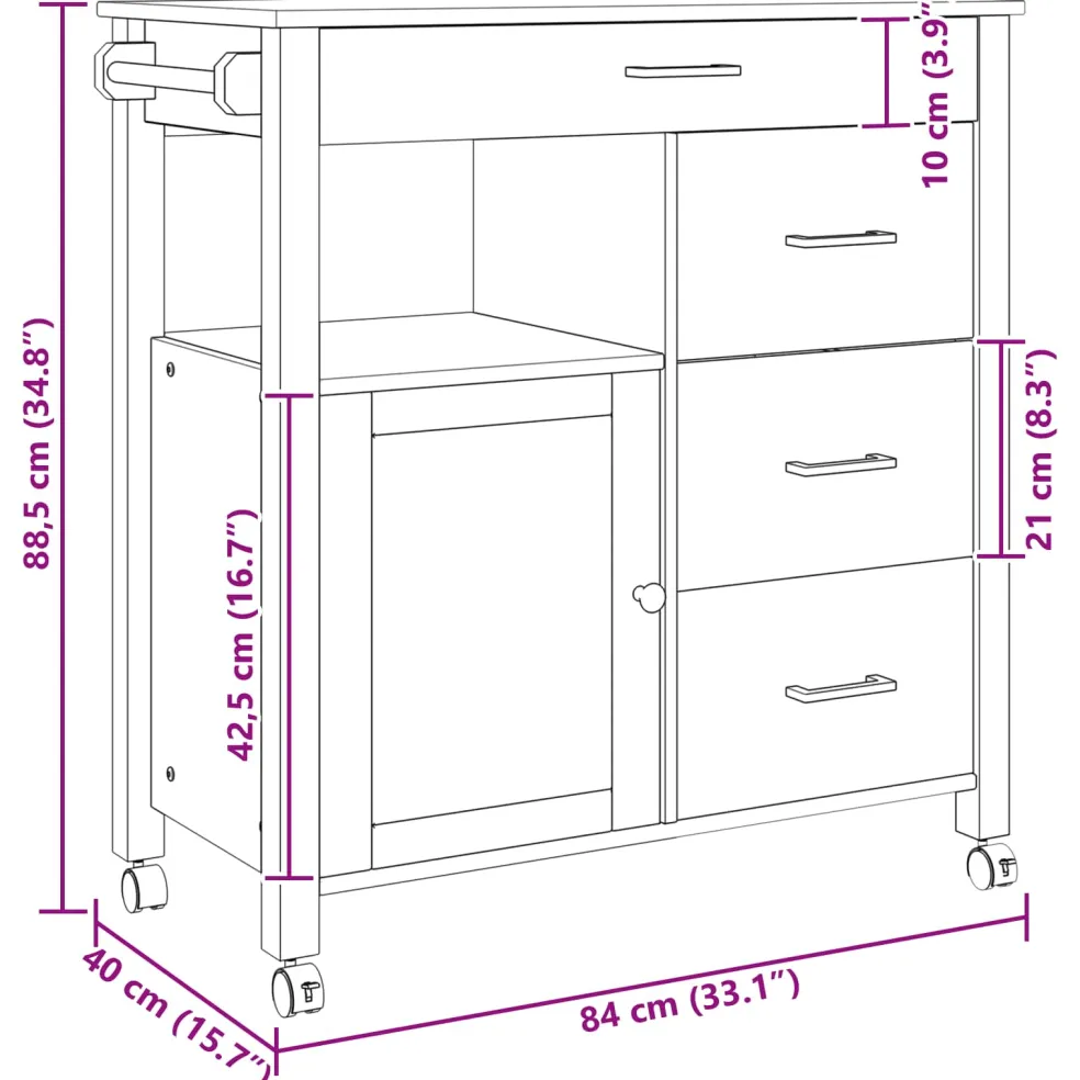 vidaXL Keuken Trolley MONZA Zwart 84 x 40 x 88,5 cm Massief Vurenhout