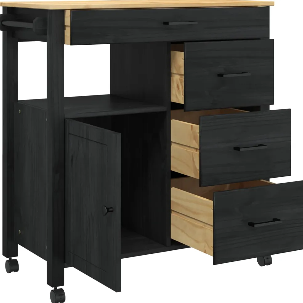 vidaXL Keuken Trolley MONZA Zwart 84 x 40 x 88,5 cm Massief Vurenhout