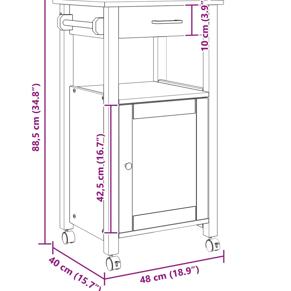 vidaXL Keuken Trolley MONZA Zwart 48 x 40 x 88,5 cm Massief Vurenhout
