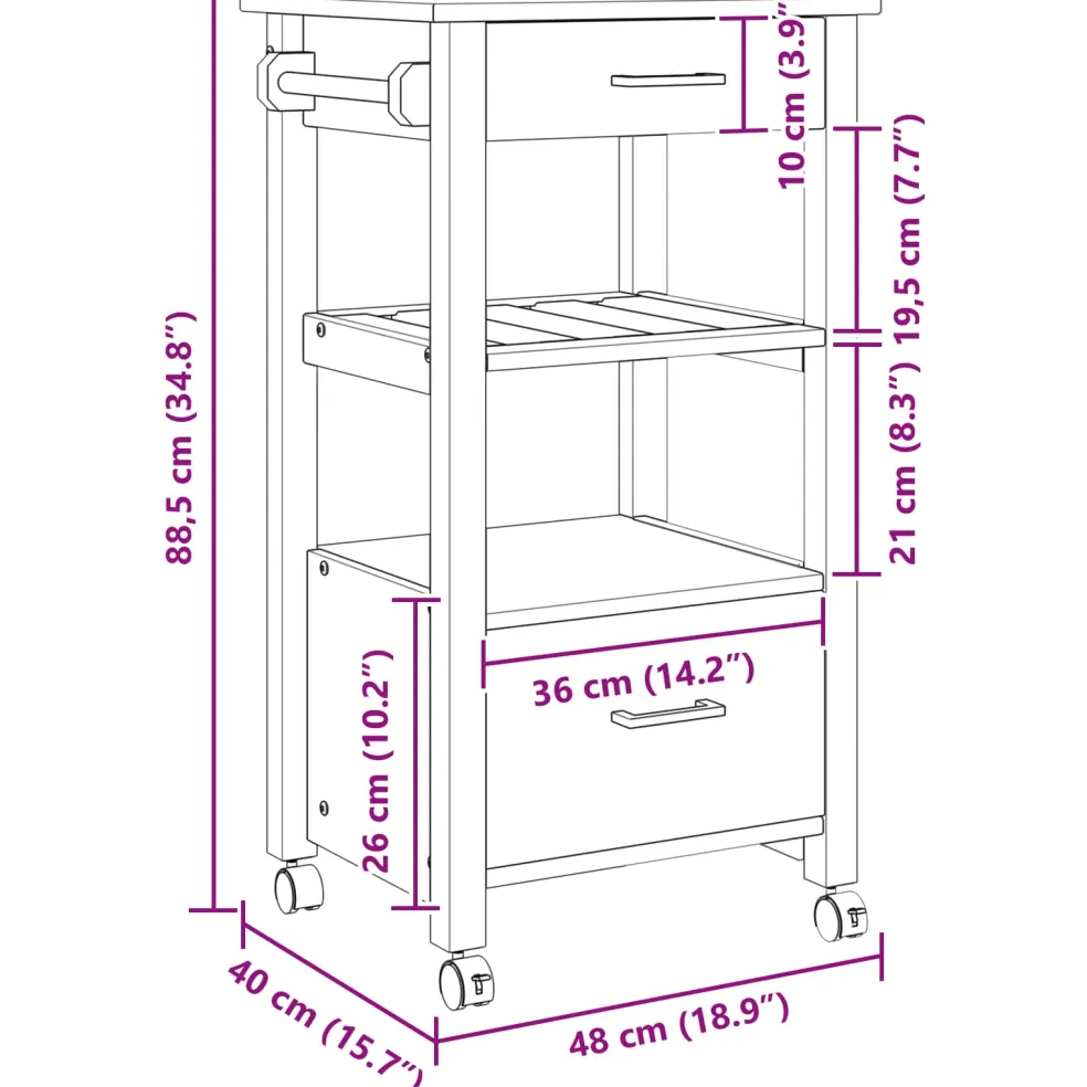 vidaXL Keuken Trolley MONZA Zwart 48 x 40 x 88,5 cm Massief Vurenhout